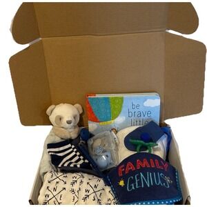 New Baby Shower Boy Bear Gift, Be Brave Little One Book, Baby Essentials Present